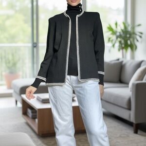 Vintage 80s Adolfo Black Knit Sweater Jacket – Wool Blend, Open Front, Size 8/10